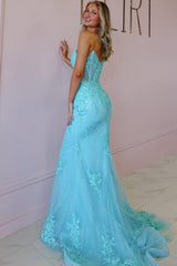 Blue Mermaid Prom Dress Sleeveless Sweetheart Evening Dress With Lace Appliques