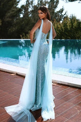 Blue Mermaid Prom Dress Sleeveless V Neck Sequined Evening Dress