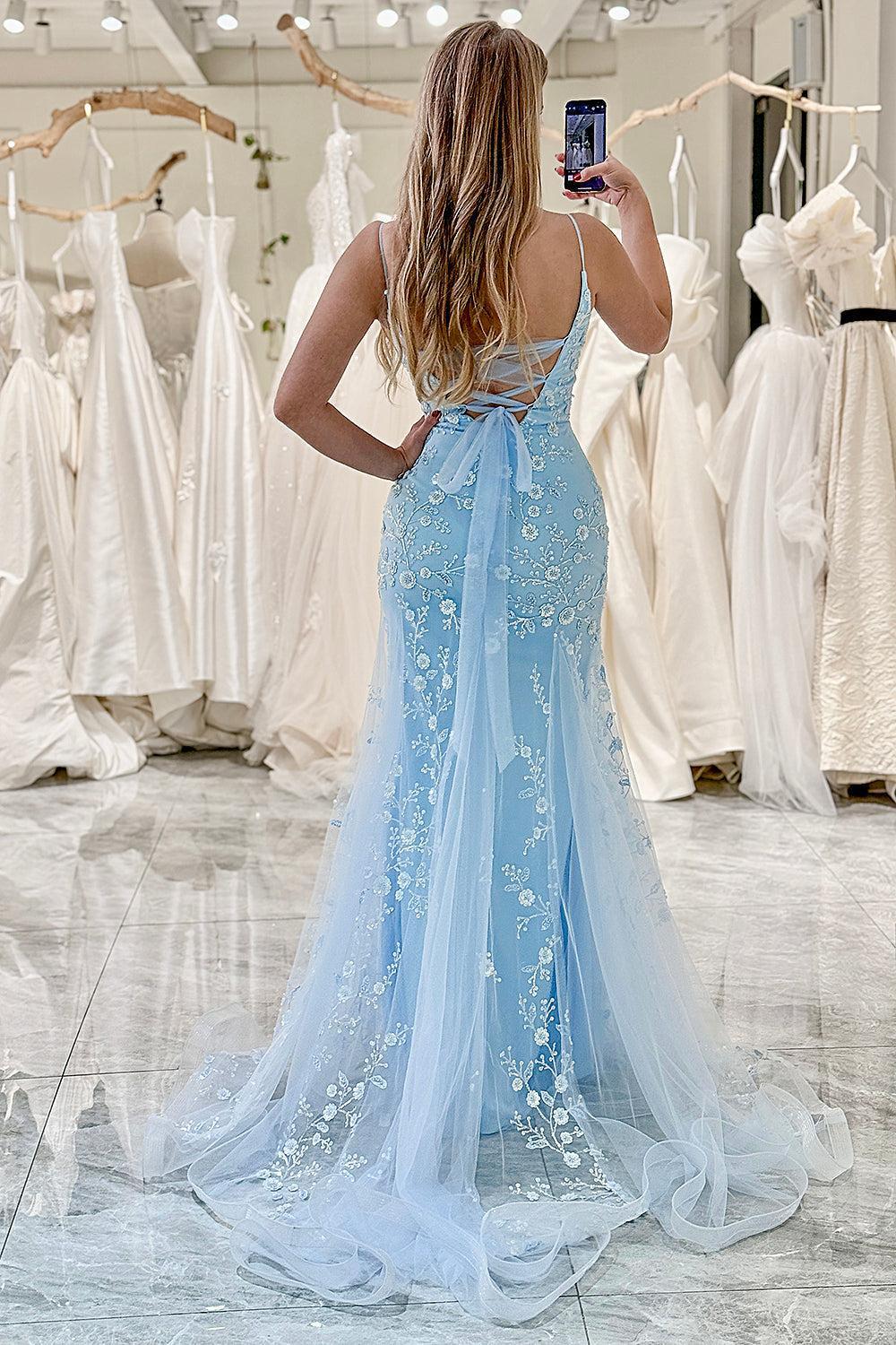 Blue Mermaid Prom Dress Spaghetti Straps Appliqued Long Evening Dress