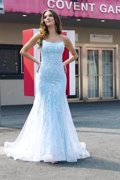 Blue Mermaid Prom Dress Spaghetti Straps Appliqued Long Evening Dress