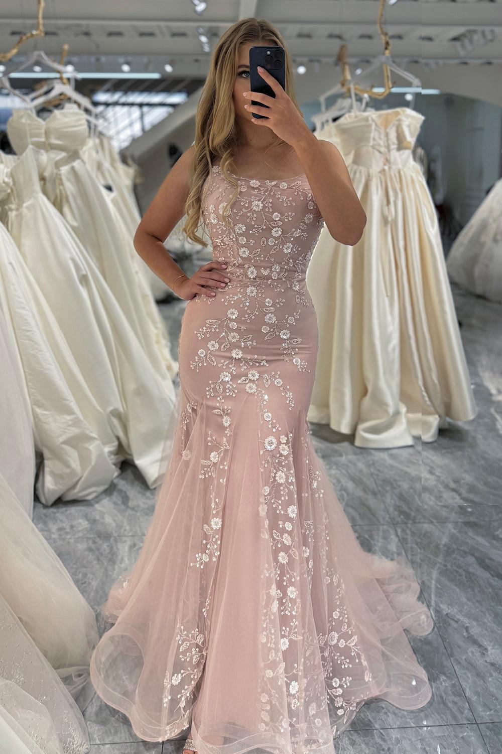 Blue Mermaid Prom Dress Spaghetti Straps Appliqued Long Evening Dress