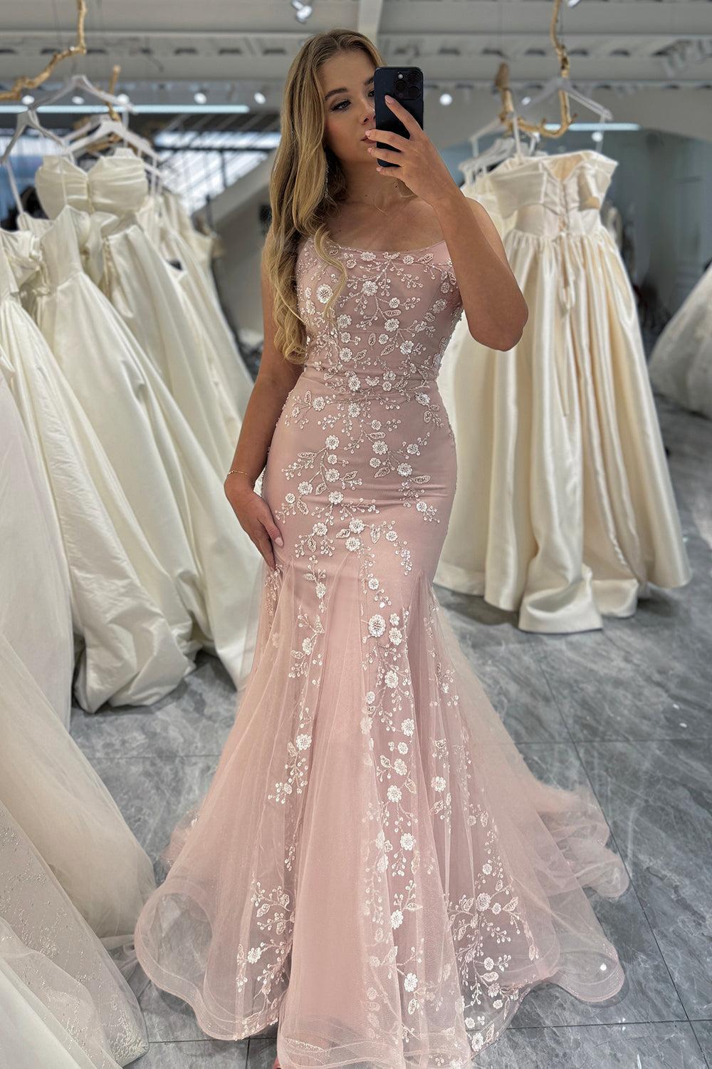 Blue Mermaid Prom Dress Spaghetti Straps Appliqued Long Evening Dress