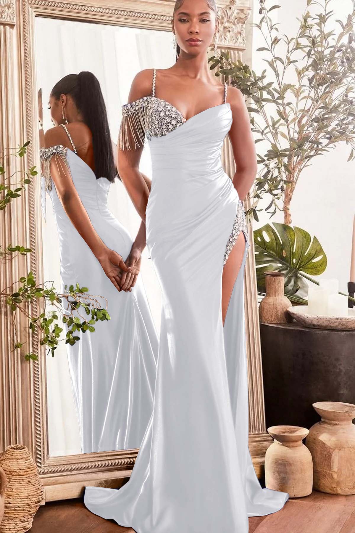 Blue Mermaid Prom Dress Spaghetti Straps Beaded Evening Dress
