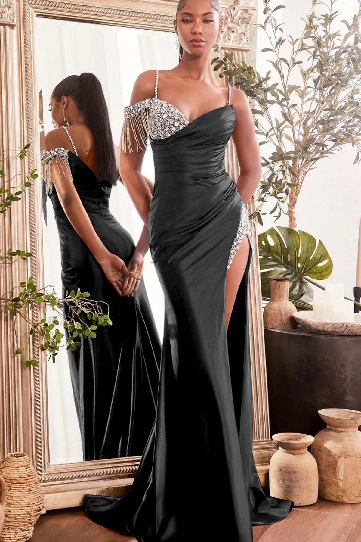 Blue Mermaid Prom Dress Spaghetti Straps Beaded Evening Dress
