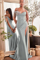 Blue Mermaid Prom Dress Spaghetti Straps Beaded Evening Dress