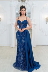 Blue Mermaid Prom Dress Spaghetti Straps Sleeveless Beaded Evening Dress