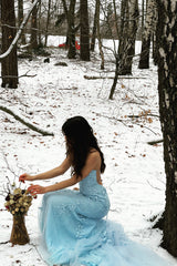 Blue Mermaid Prom Dress Tulle Backless Long Evening Dress with Lace