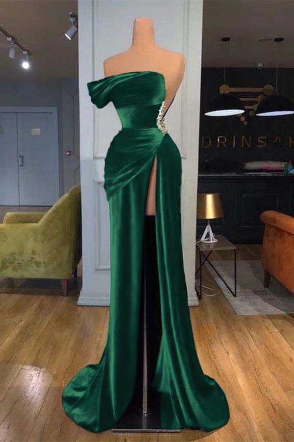 Blue Mermaid Velvet Dress One Shoulder Beaded Evening Dress