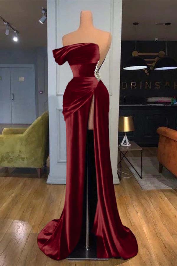 Blue Mermaid Velvet Dress One Shoulder Beaded Evening Dress