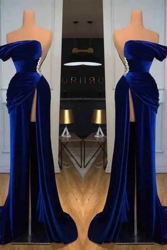 Blue Mermaid Velvet Dress One Shoulder Beaded Evening Dress