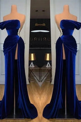 Blue Mermaid Velvet Dress One Shoulder Beaded Evening Dress