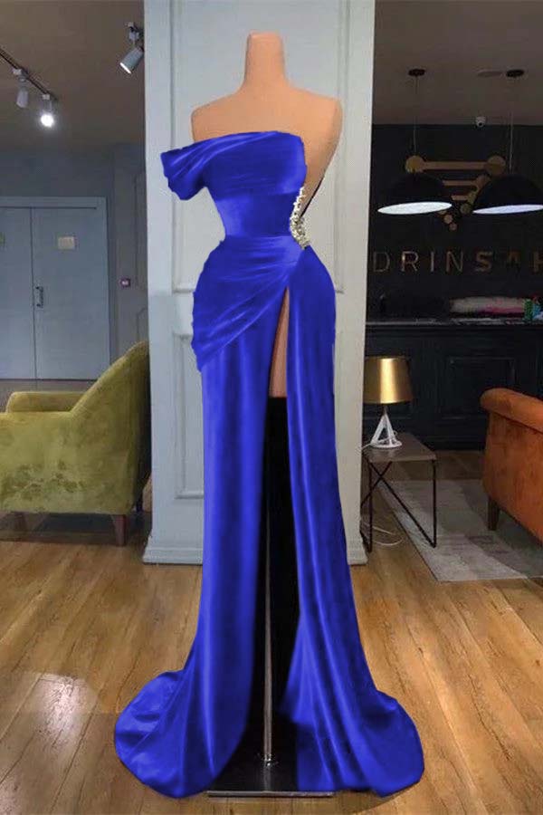 Blue Mermaid Velvet Dress One Shoulder Beaded Evening Dress