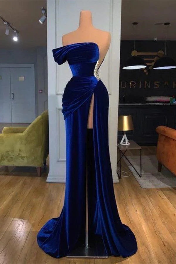 Blue Mermaid Velvet Dress One Shoulder Beaded Evening Dress