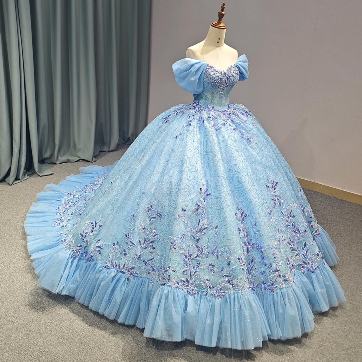 Blue Off the Shoulder Corset Ball Gown Quinceanera Dress