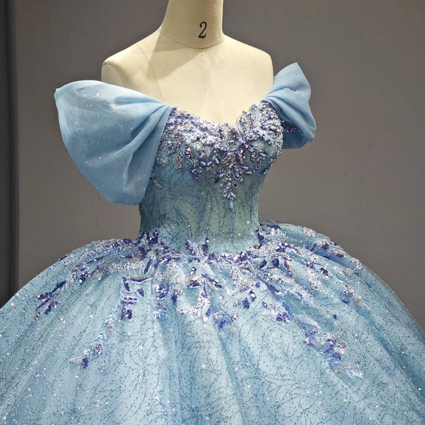 Blue Off the Shoulder Corset Ball Gown Quinceanera Dress