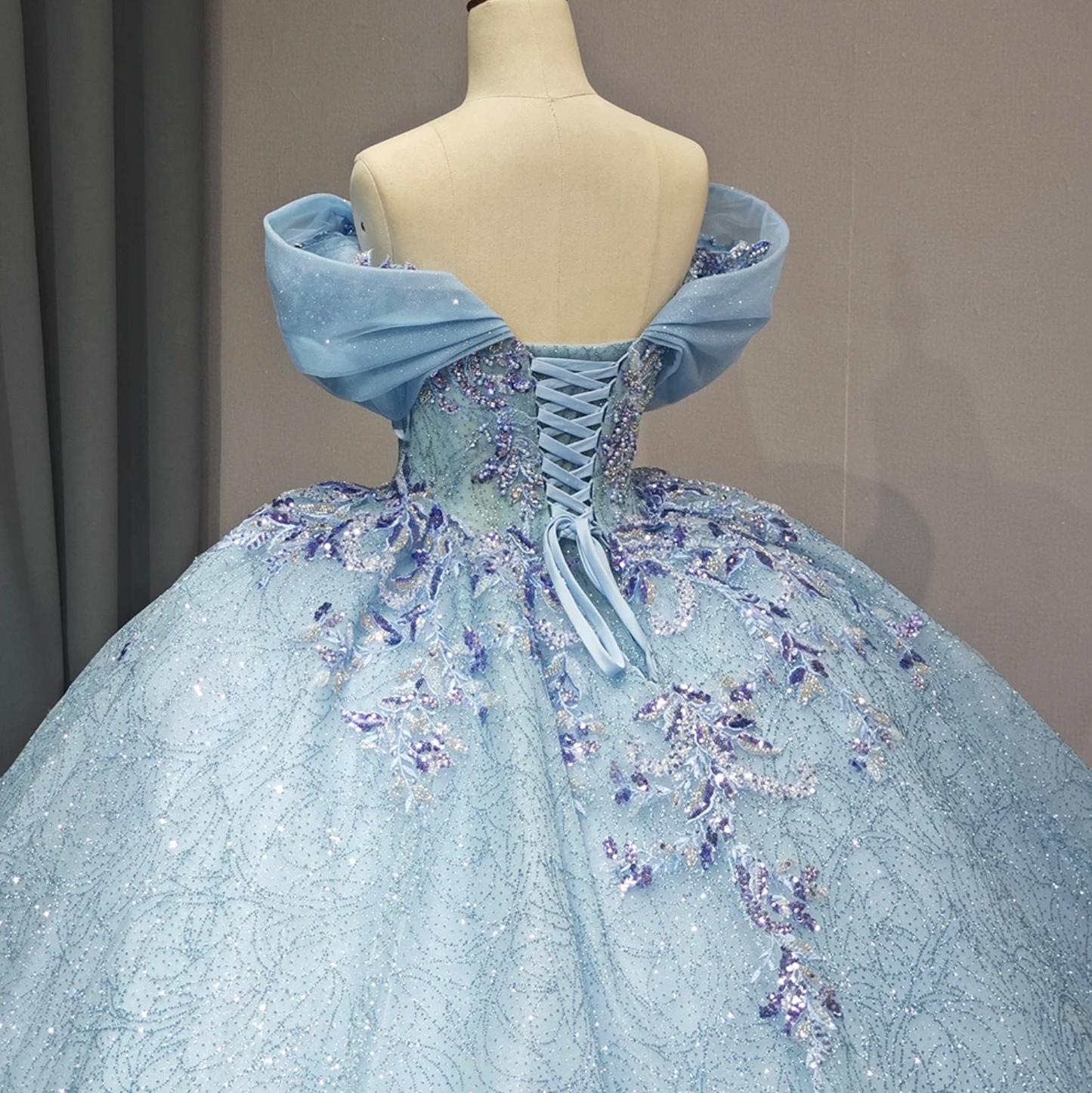 Blue Off the Shoulder Corset Ball Gown Quinceanera Dress
