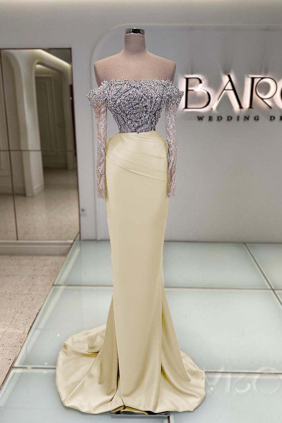 Blue Off the Shoulder Prom Dress Long Sleeve Mermaid Formal Dress With Beadings