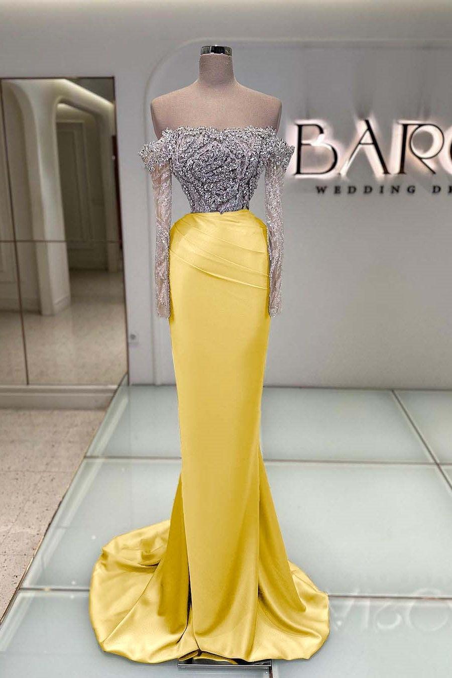 Blue Off the Shoulder Prom Dress Long Sleeve Mermaid Formal Dress With Beadings