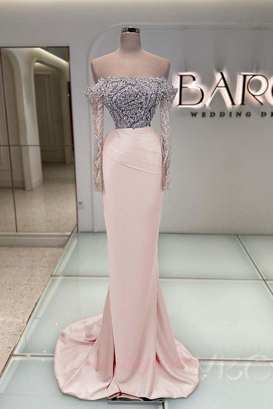 Blue Off the Shoulder Prom Dress Long Sleeve Mermaid Formal Dress With Beadings