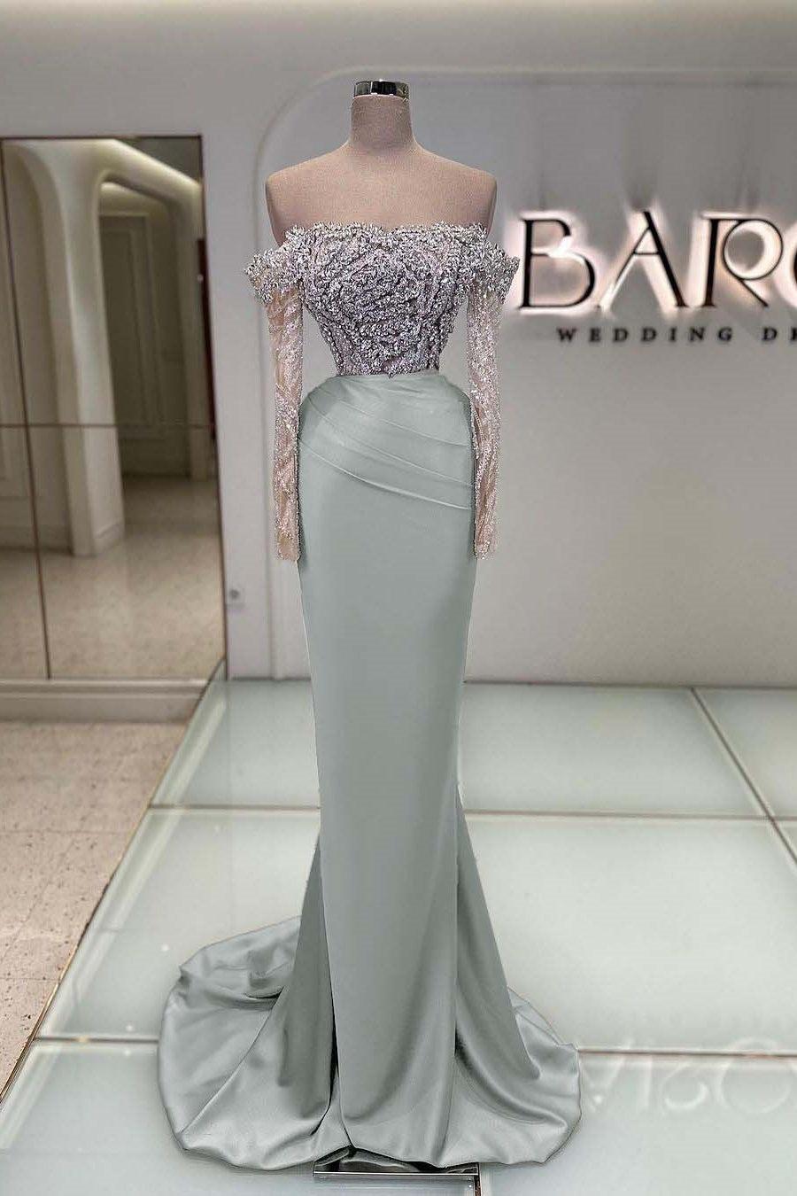 Blue Off the Shoulder Prom Dress Long Sleeve Mermaid Formal Dress With Beadings