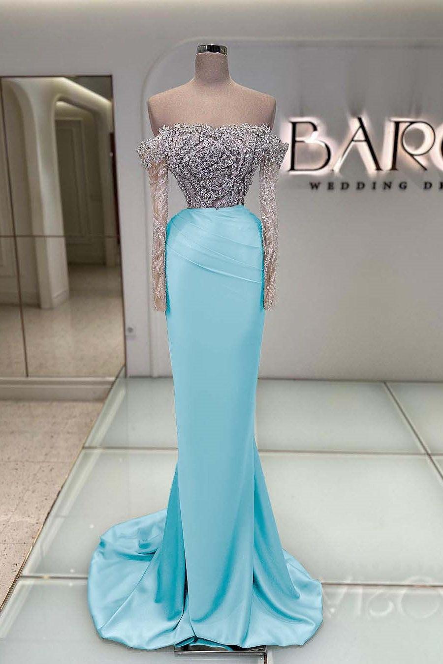 Blue Off the Shoulder Prom Dress Long Sleeve Mermaid Formal Dress With Beadings