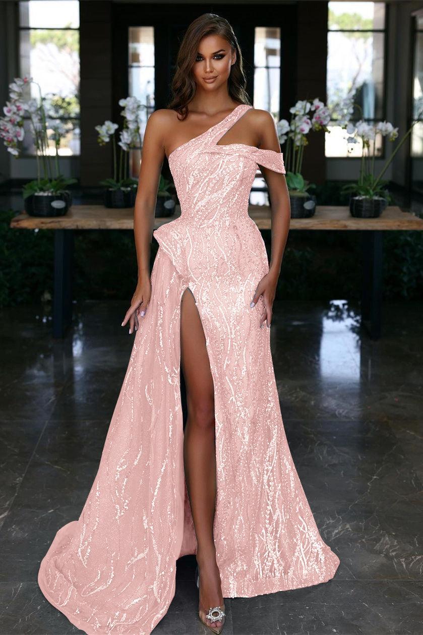 Blue One Shoulder Evening Dress with Sequin Slit