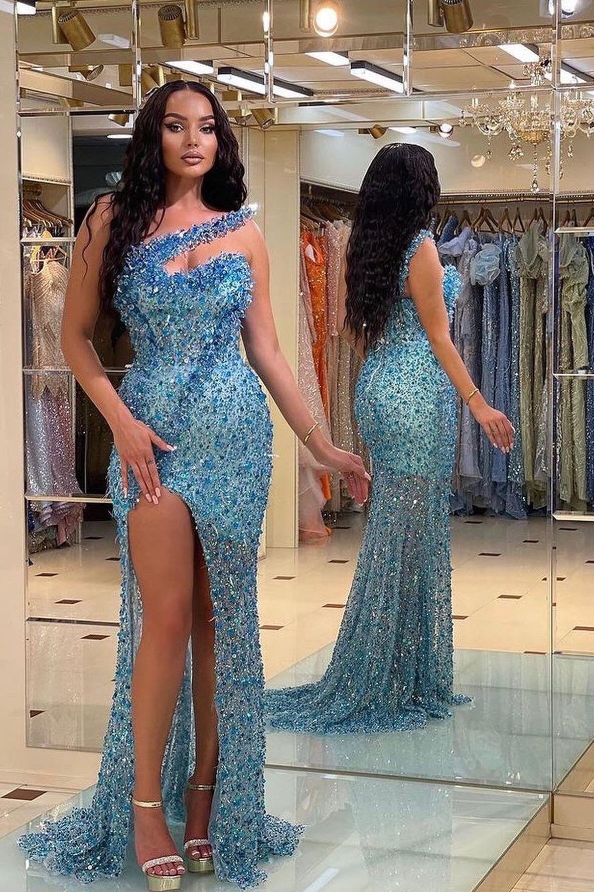 Blue One Shoulder Mermaid Prom Dress Sleeveless Sequined Evening Dress