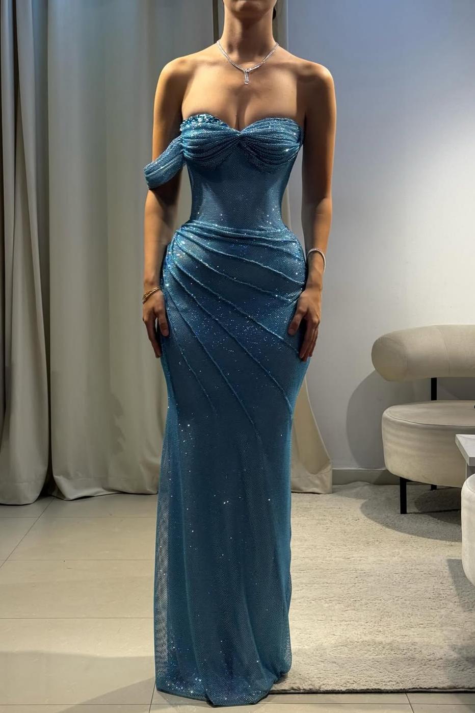 Blue One-Shoulder Mermaid Prom Dress With Ruched Detailing Formal Evening Gown