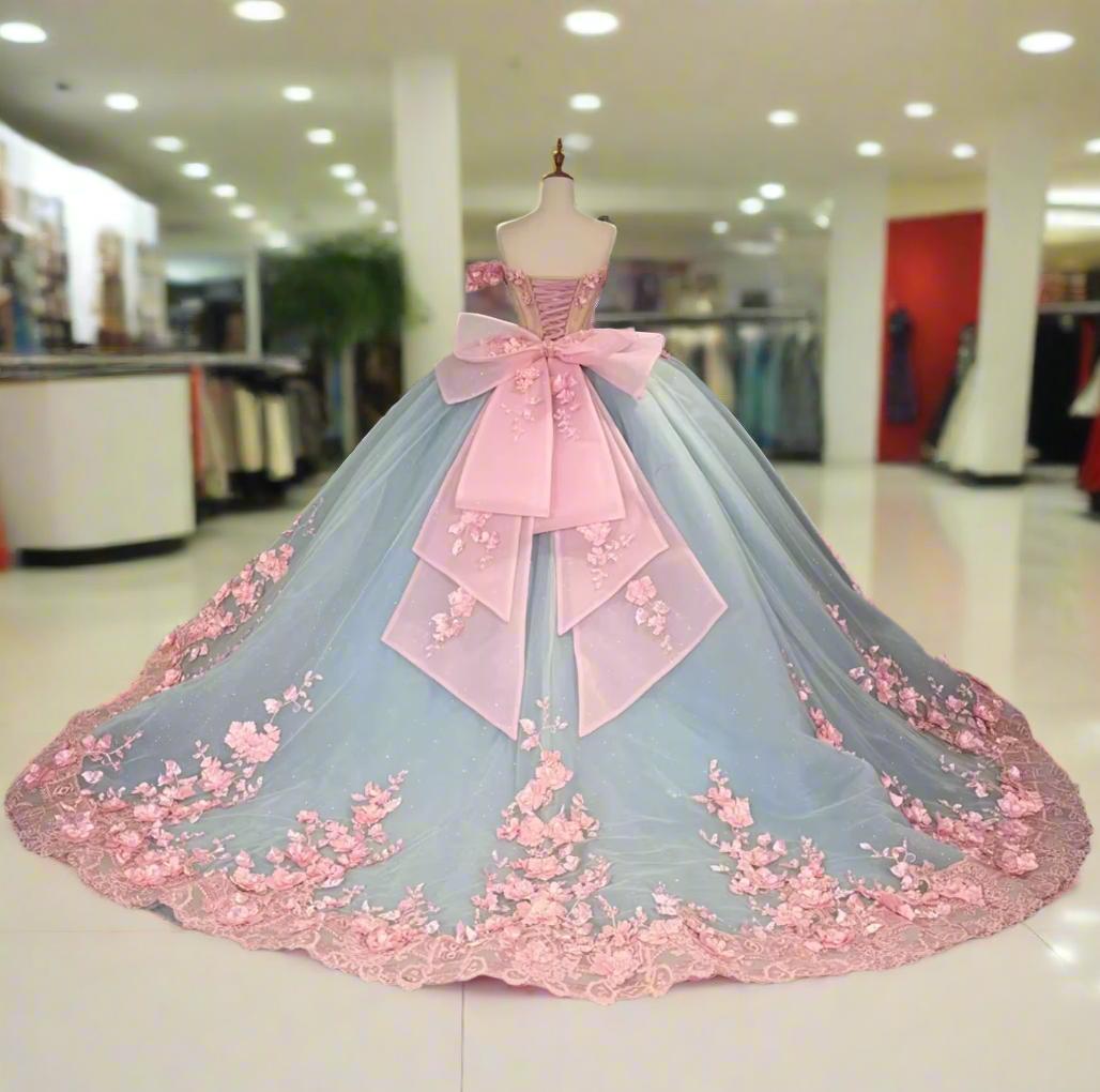 Blue Pink Quinceanera Dress Ball Gown Sweet 16 Dress with 3D flowers
