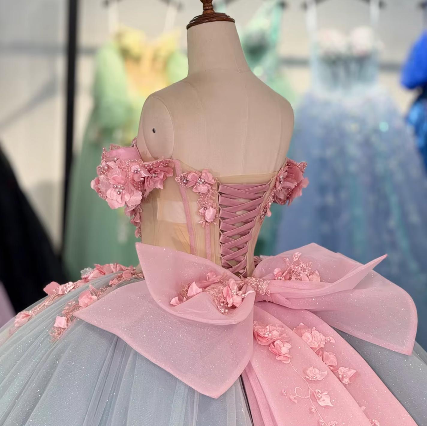 Blue Pink Quinceanera Dress Ball Gown Sweet 16 Dress with 3D flowers