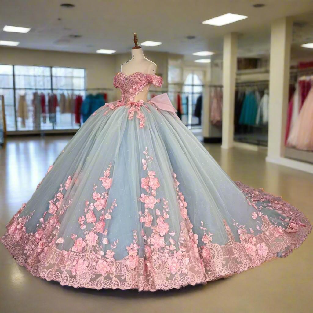 Blue Pink Quinceanera Dress Ball Gown Sweet 16 Dress with 3D flowers