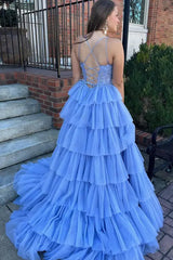 Blue Prom Dress A-Line Corset Long Tulle Tiered Evening Dress with Lace