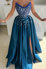 Blue Prom Dress A Line Strapless Beading Formal Dress With Slit