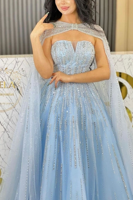 Blue Prom Dress A Line Strapless Sequined Sleeveless Floor Length Tulle Formal Dress With Cloak