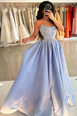 Blue Prom Dress A Line Strapless Sleeveless Sequined Beaded Satin Formal Dress With Rhinestones And Pearls