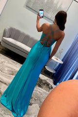 Blue Prom Dress Appliqued Spaghetti Straps Long Formal Dress With Slit