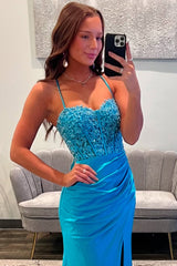 Blue Prom Dress Appliqued Spaghetti Straps Long Formal Dress With Slit