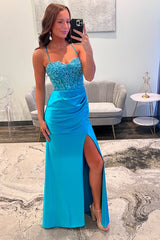Blue Prom Dress Appliqued Spaghetti Straps Long Formal Dress With Slit