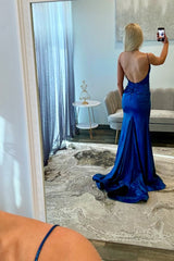 Blue Prom Dress Beaded Spaghetti Straps Satin Formal Dress With Slit