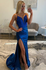 Blue Prom Dress Beaded Spaghetti Straps Satin Formal Dress With Slit