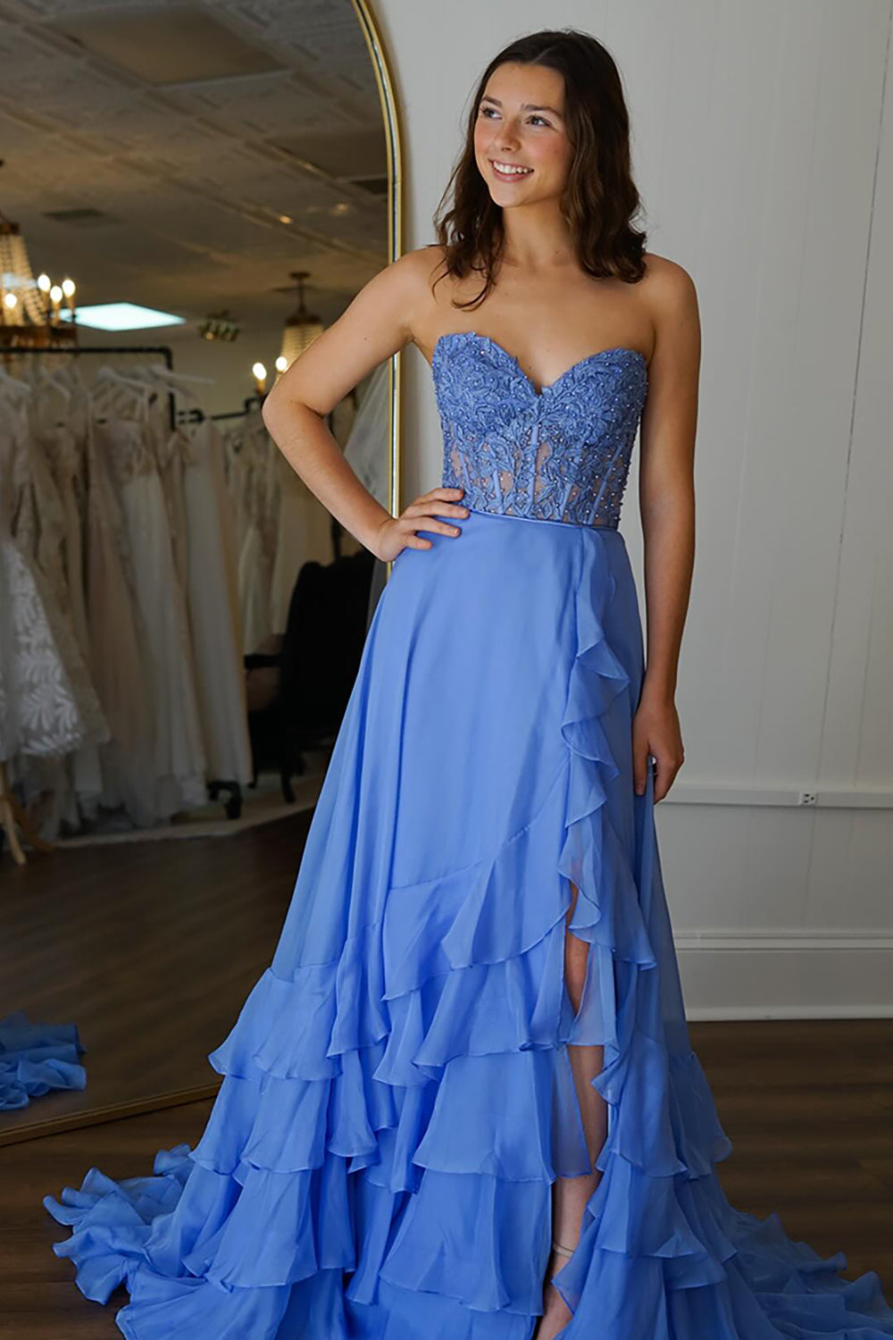 Blue Prom Dress Corset Ruffled Chiffon Long Formal Dress With Slit