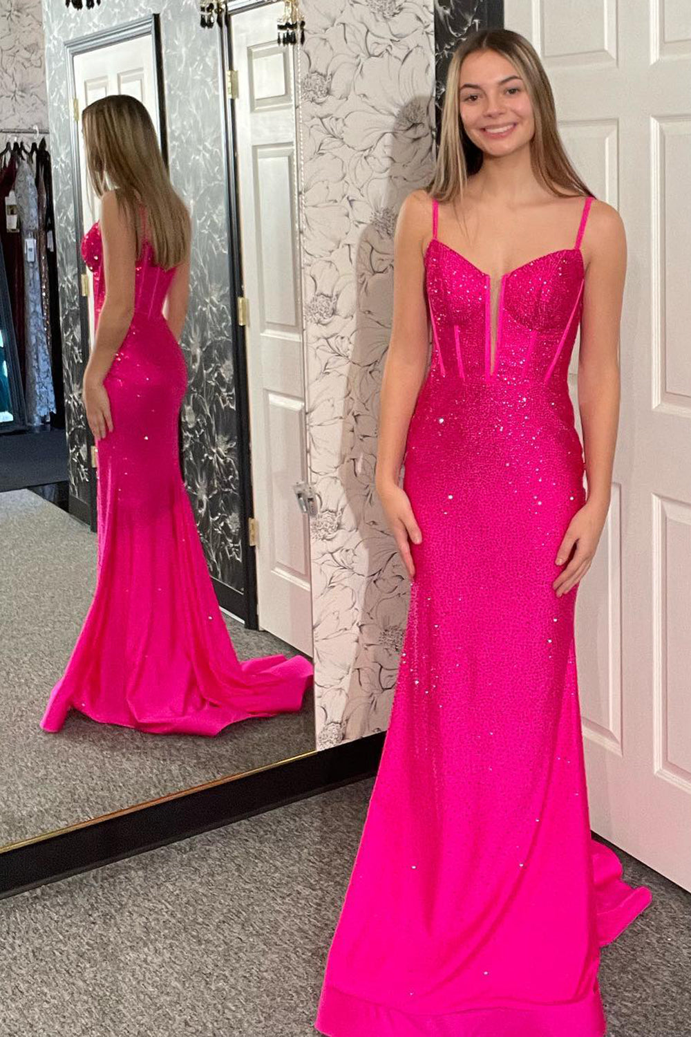 Blue Prom Dress Corset Sequined Mermaid Long Evening Dress