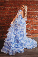 Blue Prom Dress Floral A-Line Ruffled Tie-Strap Long Formal Dress With Slit