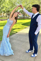 Blue Prom Dress Floral Mermaid Spaghetti Straps Long Evening Dress