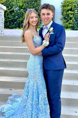 Blue Prom Dress Floral Mermaid Spaghetti Straps Long Evening Dress