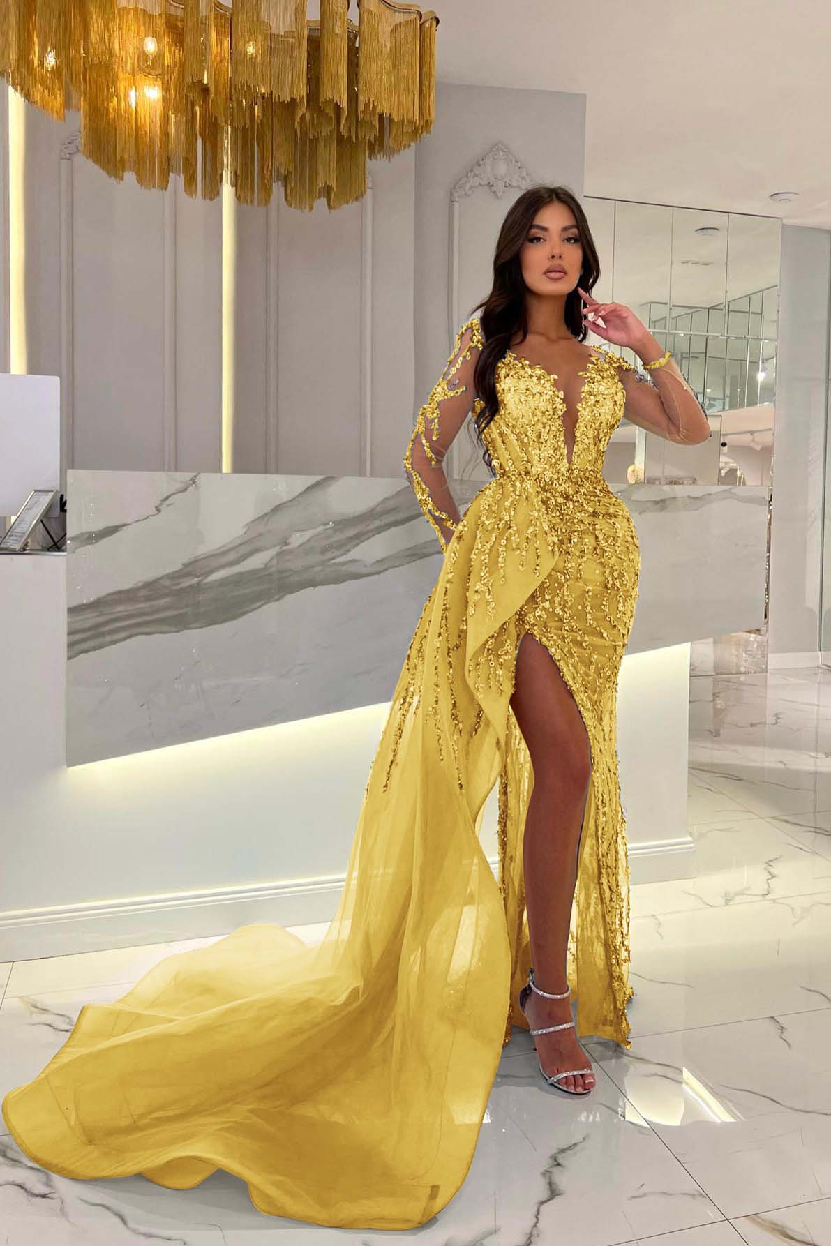 Blue Prom Dress Long Sleeve Mermaid Beaded Evening Dress