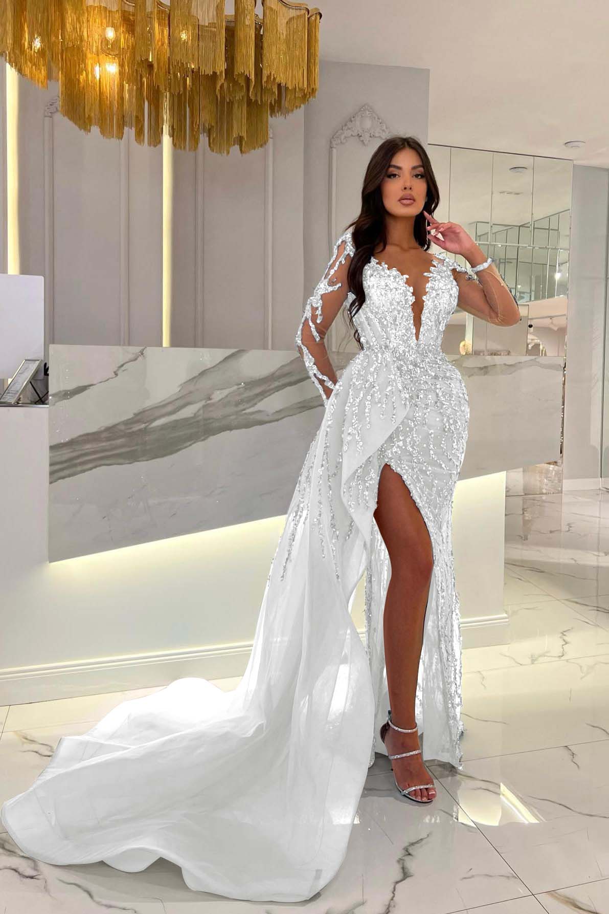 Blue Prom Dress Long Sleeve Mermaid Beaded Evening Dress