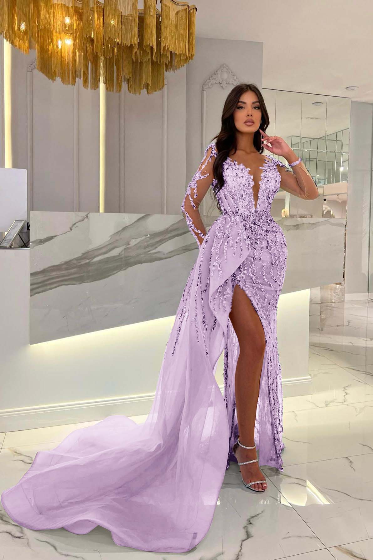 Blue Prom Dress Long Sleeve Mermaid Beaded Evening Dress