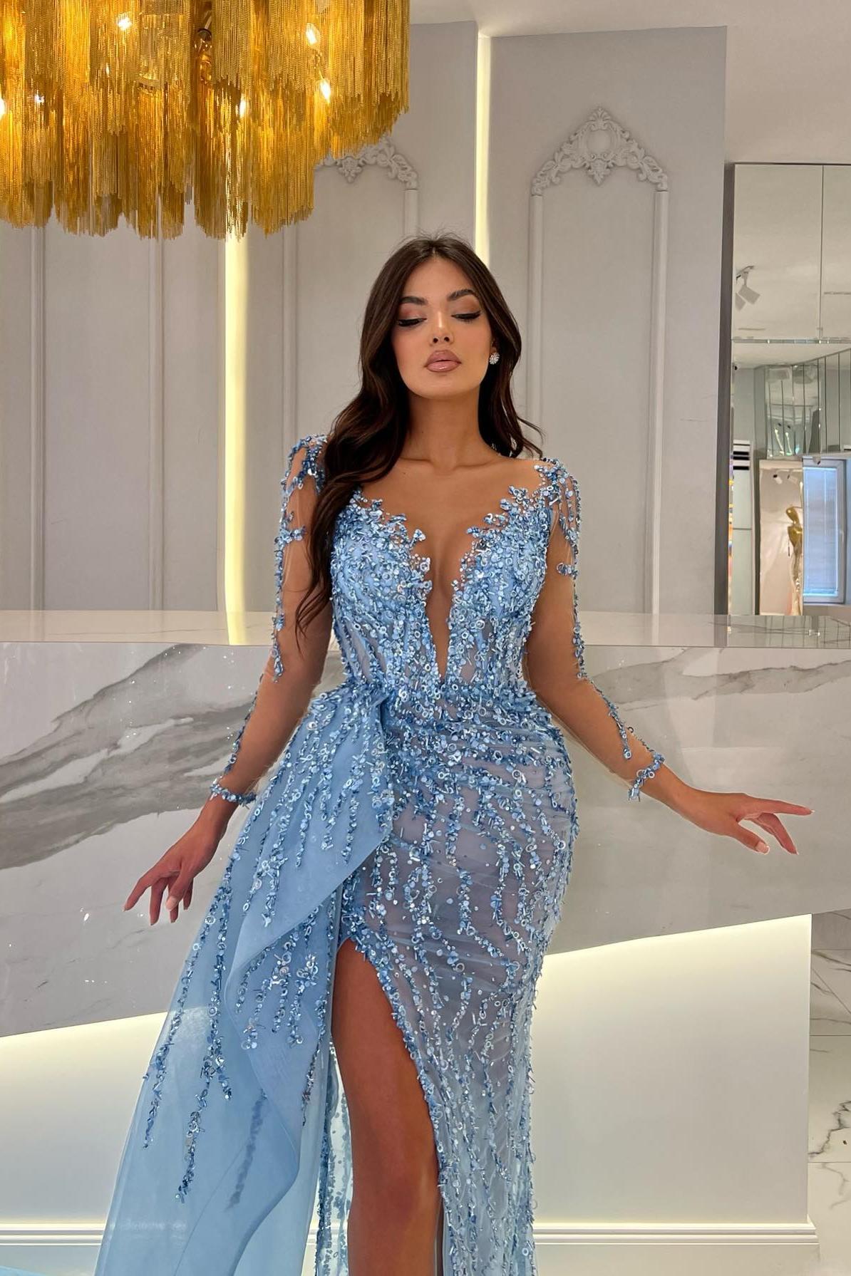 Blue Prom Dress Long Sleeve Mermaid Beaded Evening Dress