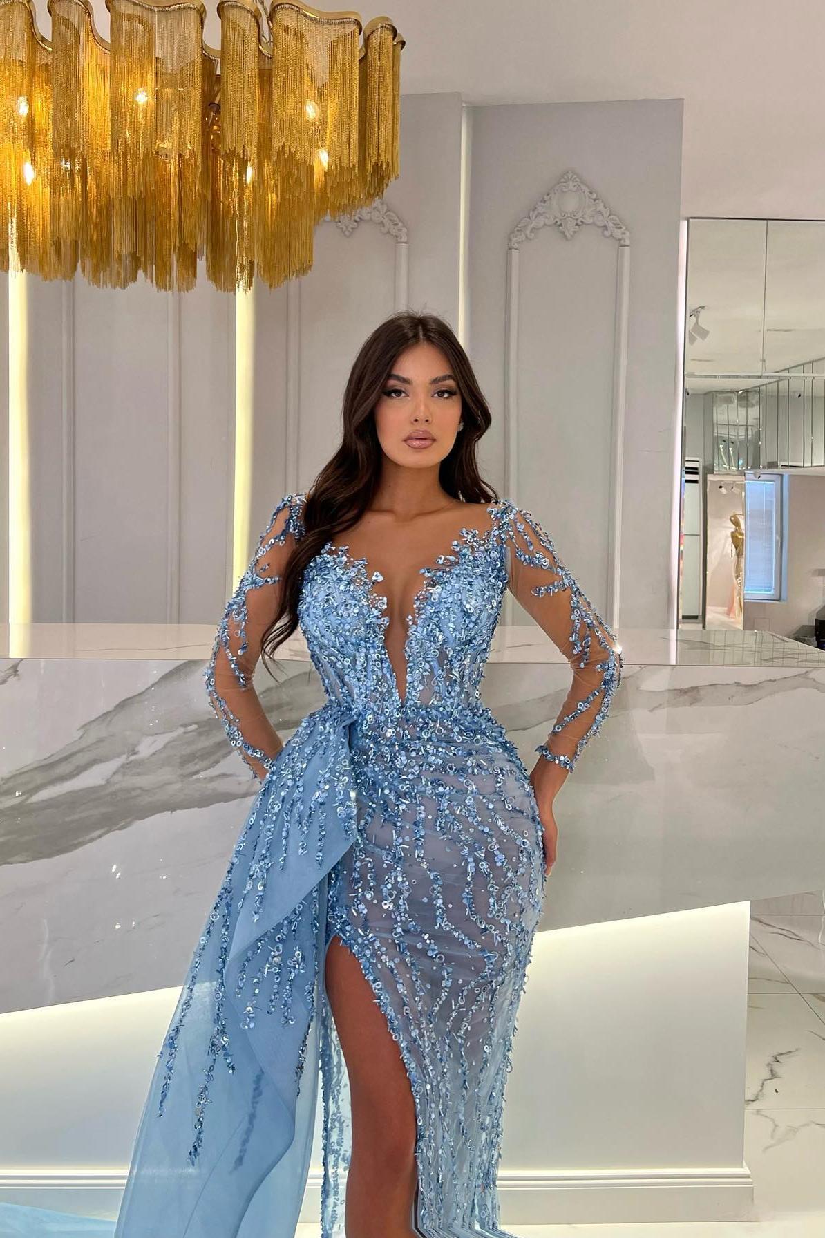 Blue Prom Dress Long Sleeve Mermaid Beaded Evening Dress
